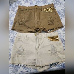 Studded Distressed Women's Shorts - Tan and Cream